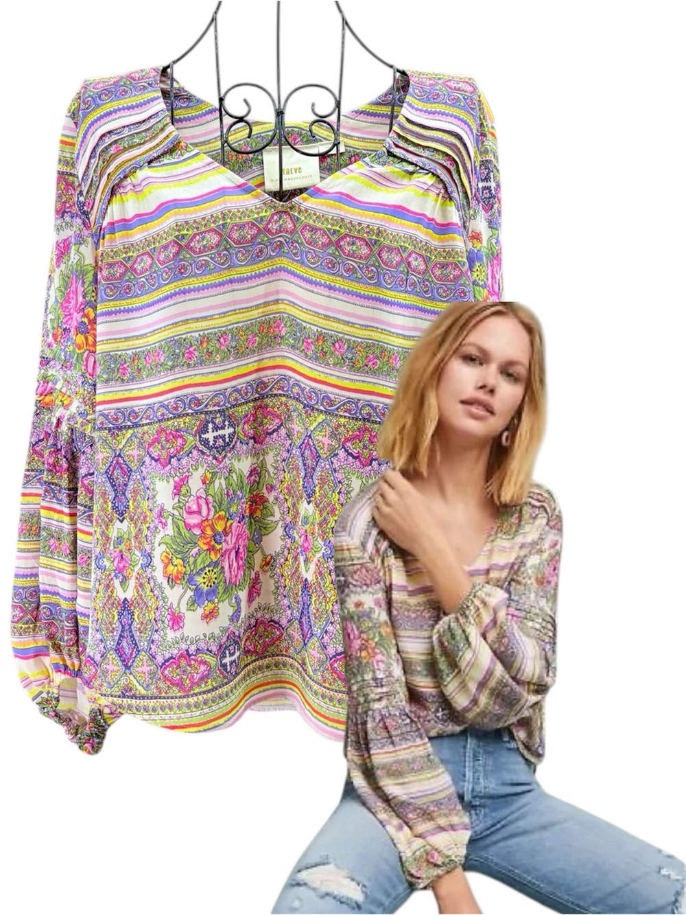 NEW Anthropologie Maeve Multicolor Floral Stripe V-Neck Peasant Blouse Size XS